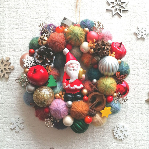 カラフルでにっこり☆毛糸玉のクリスマスリース（小） クリスマス