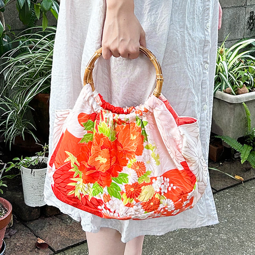 着物リメイク バッグ【バンブーハンドル帯バッグ （特大）赤橙色