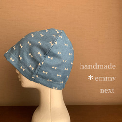 送料無料＊handmadeダブルガーゼ帽子〈ribbonデニム風プリントBlue〉ケア帽子　ケアキャップ　医療用帽子 3枚目の画像