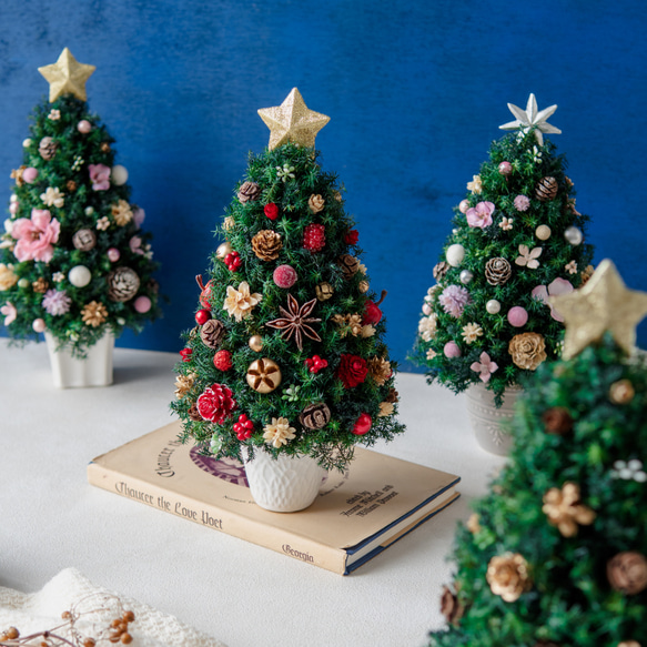 [Sサイズ]来年も飾れる♡飾りと器が選べる*本物のヒムロスギとたっぷりの木の実で作る北欧風卓上クリスマスツリー28cm 1枚目の画像
