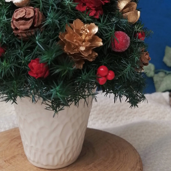 [26cmレッド]本物のヒムロスギとたっぷりの木の実で作る北欧風卓上クリスマスツリー 4枚目の画像