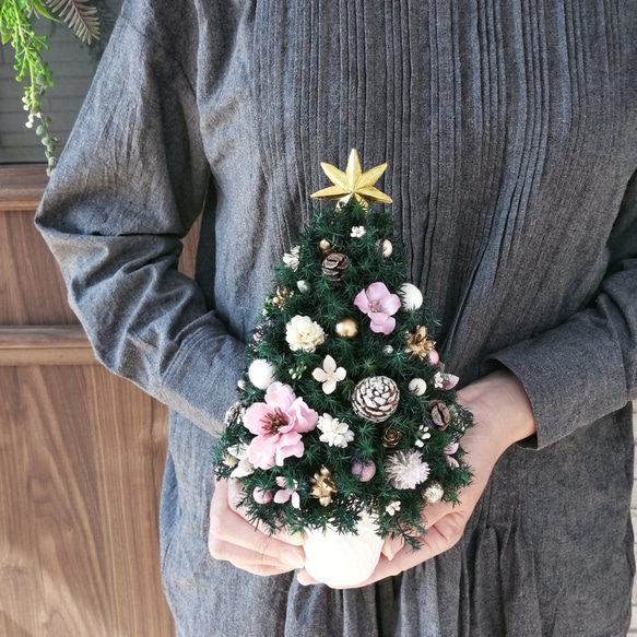 [26cmピンク]本物のヒムロスギとたっぷりの木の実で作る北欧風卓上クリスマスツリー 2枚目の画像
