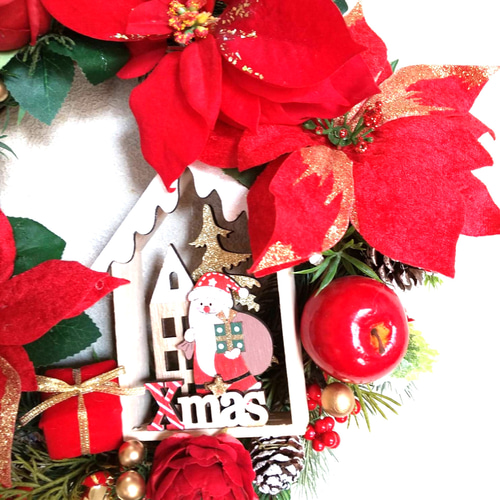 赤 ポインセチアとサンタハウスのクリスマスリース☆玄関リース☆フラワーリース