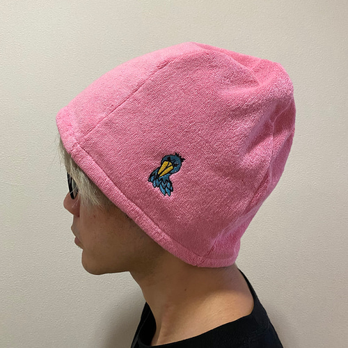 やわらかタオルのサウナハット ピンク 刺繍 三毛猫 ハシビロコウ