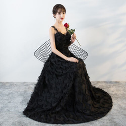 ウェディングドレス カラードレス ブラック黒 7号 9号 11号 13号 羽のような生地が美しいドレス90223bk 2枚目の画像