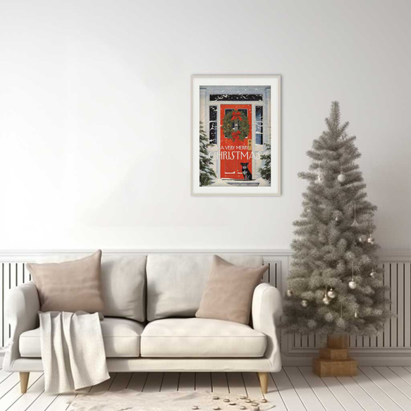 ドアと愛犬をフィーチャーしたクリスマスポスター - 冬の魔法 絶妙なインテリアアート c008 2枚目の画像