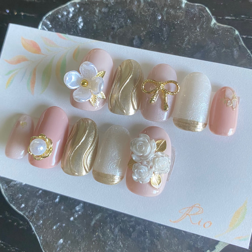 ピンクベージュニュアンスフラワー水引ネイル ブライダル 前撮り 成人