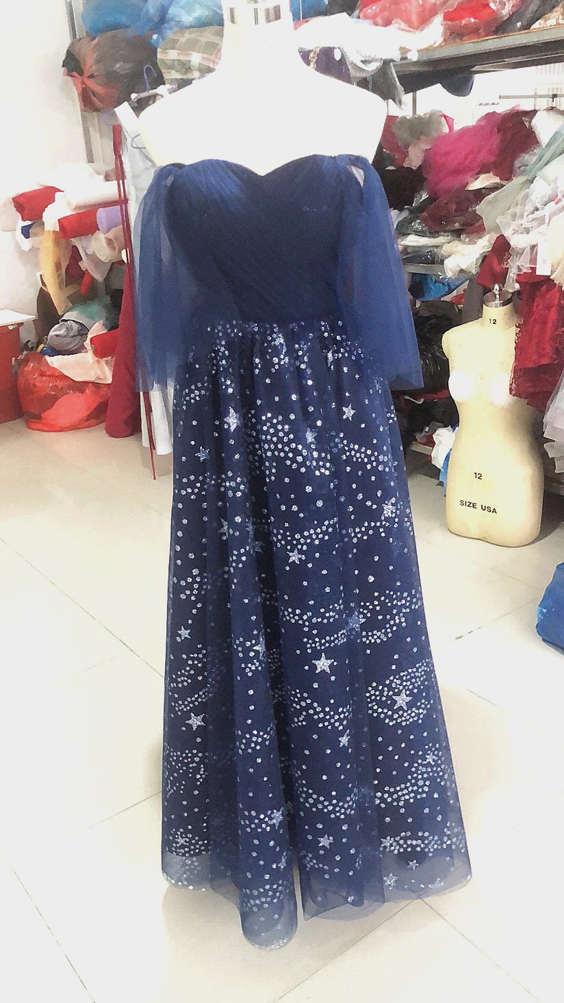 美品！紺 パーティードレス ソフトチュール オフショル 上品透け袖 拳式