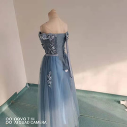 優雅色彩洋裝藍色精緻蕾絲露肩 A 字長晚禮服派對/拍攝前 第5張的照片
