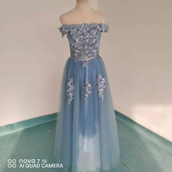 優雅色彩洋裝藍色精緻蕾絲露肩 A 字長晚禮服派對/拍攝前 第1張的照片