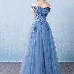 優雅色彩洋裝藍色精緻蕾絲露肩 A 字長晚禮服派對/拍攝前 第8張的照片