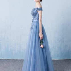 優雅色彩洋裝藍色精緻蕾絲露肩 A 字長晚禮服派對/拍攝前 第6張的照片