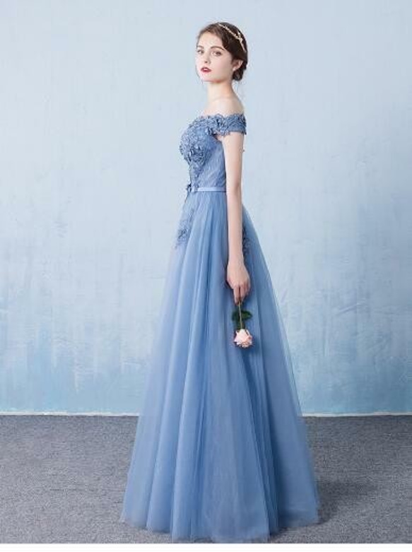 優雅色彩洋裝藍色精緻蕾絲露肩 A 字長晚禮服派對/拍攝前 第6張的照片