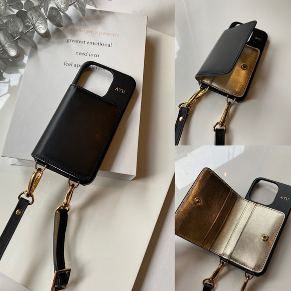 3 名入れ可｜バイカラー本革iPhoneショルダーケース（背面収納