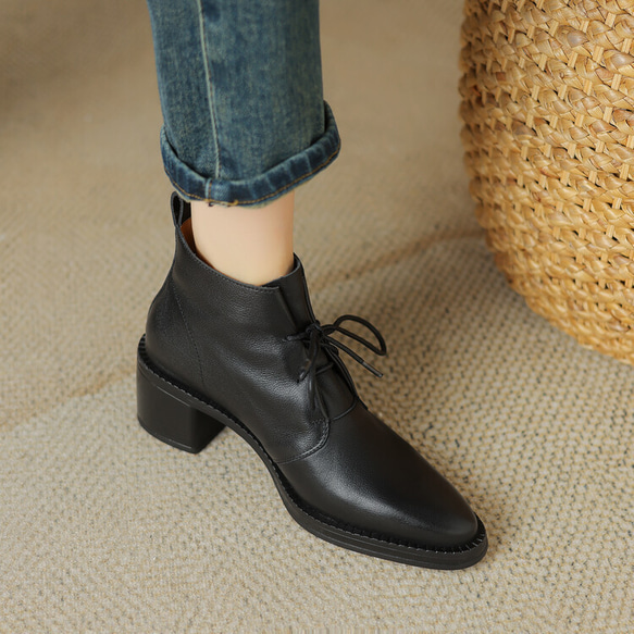 秋冬女式真皮鞋舒適短靴高跟靴 22 公分-24.5 公分 #866 黑色 ⭐免運費⭐ 第4張的照片