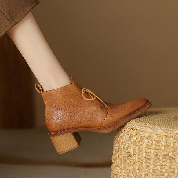 秋冬女式真皮鞋舒適短靴高跟靴子22公分-24.5公分#866卡其色⭐免運費⭐ 第1張的照片