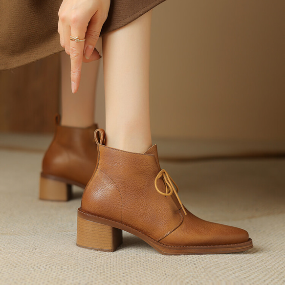 秋冬女式真皮鞋舒適短靴高跟靴子22公分-24.5公分#866卡其色⭐免運費⭐ 第6張的照片