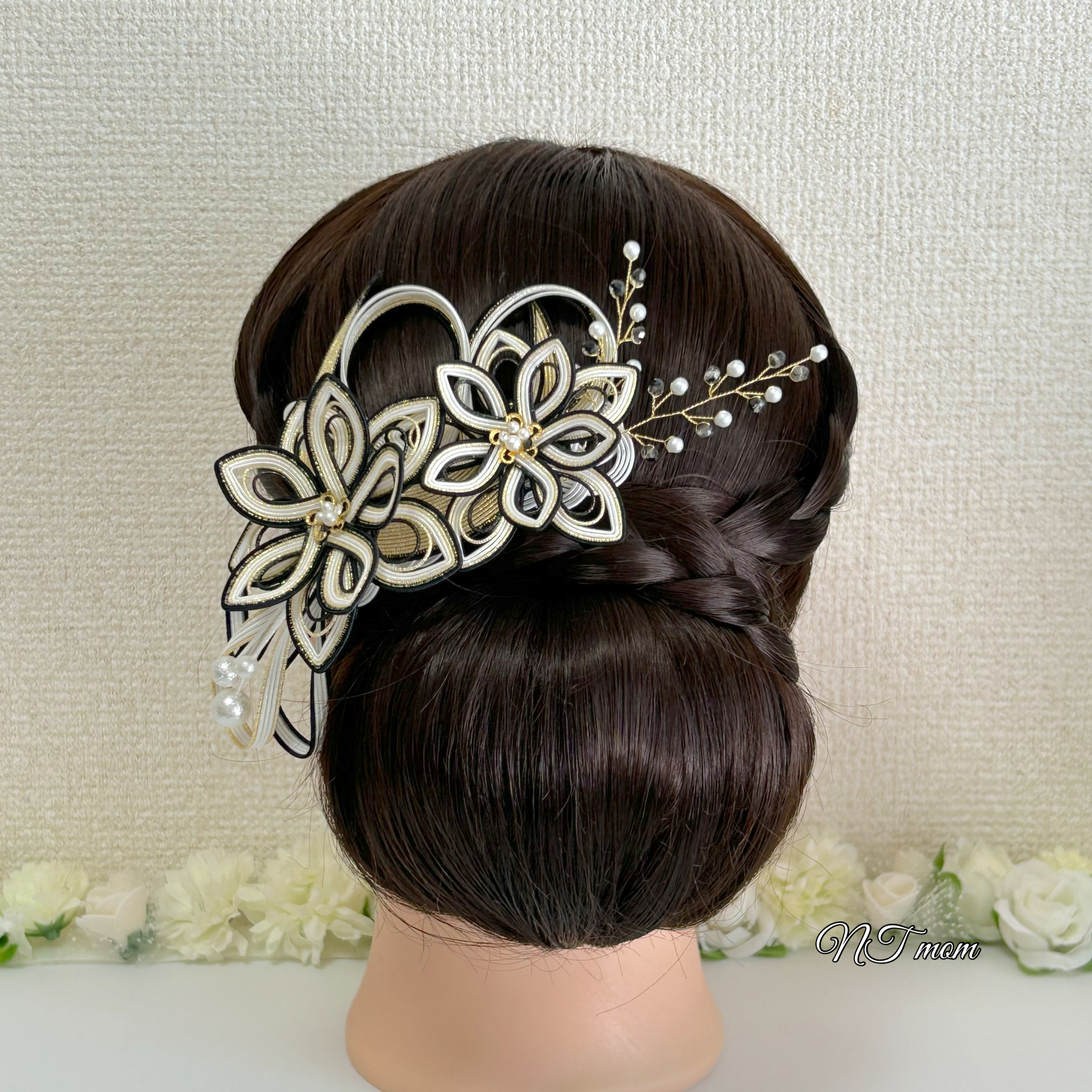 成人式卒業式結婚式・和装水引髪飾り・月華・白黒金