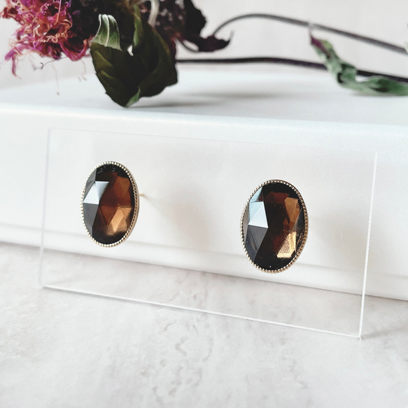 スモーキークォーツのシンプルスタッドピアス/イヤリング 14kgf