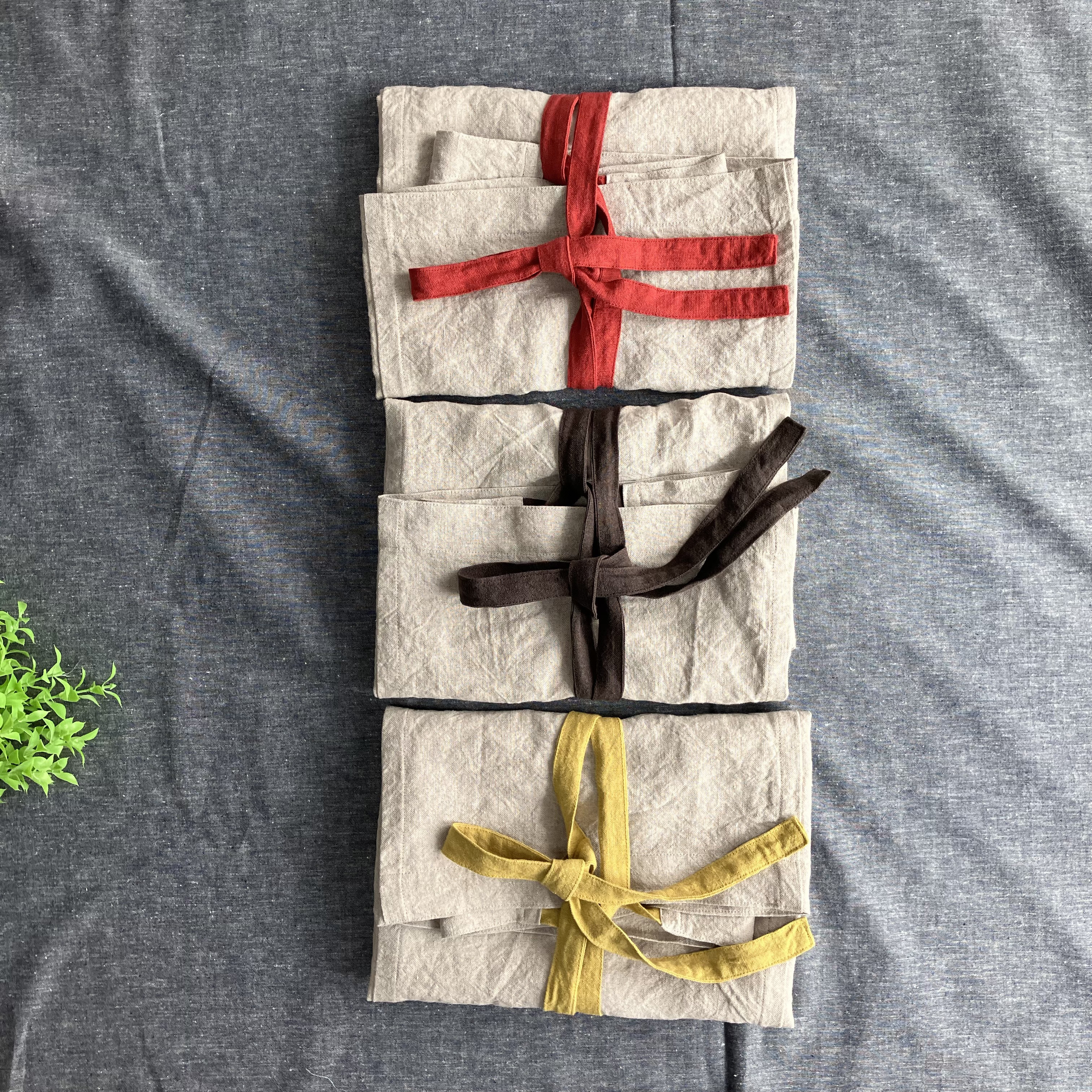 カフェエプロン　キナリ　腰紐バイカラー　ベルギーリネン２５番手