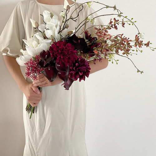 ウェディングブーケ、マグノリア、カラー、胡蝶蘭、ダリア、アーティ