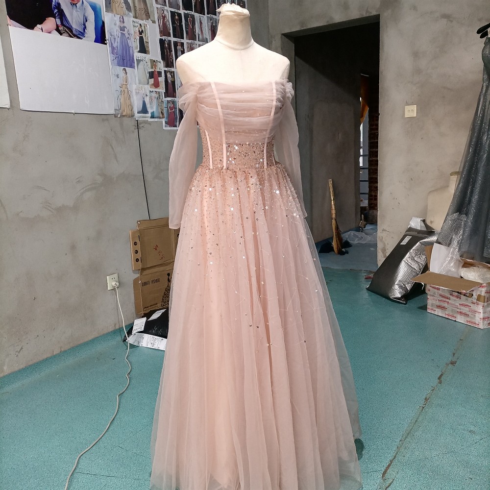 美品！パーティードレス 薄ピンク オフショル ソフトチュール 上品透け袖 ロングドレス エレガント クラシカル