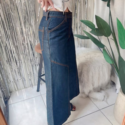 黑藍光澤性格挺版車縫線 古著牛仔棉質長褲寬褲 pants vintage 第4張的照片