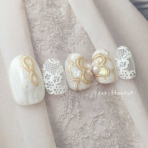 ネイルチップ ミラーフラワー＆レース ∞Ⅱ＊つけ爪 ブライダル 結婚式  