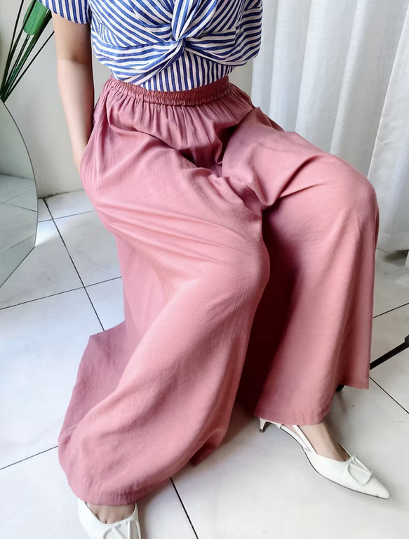 淺淺粉紅優雅夏季涼涼女孩 古著薄料絲混紡長褲寬褲 pants vintage 第5張的照片