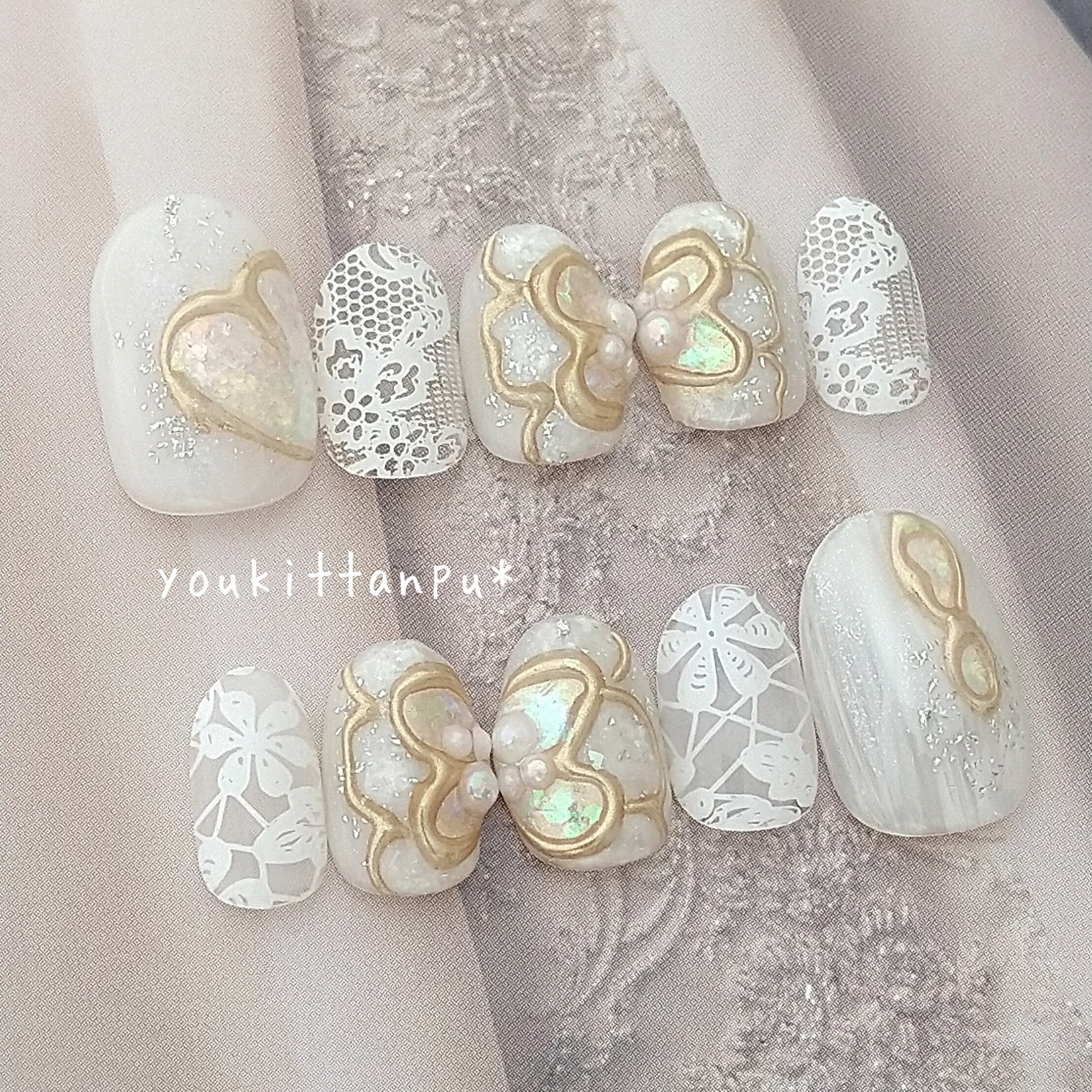 ネイルチップ ミラーフラワー＆レース アシメ＊つけ爪 ブライダル 結婚式 ウェディング 白無垢 成人式 振袖 シンプル