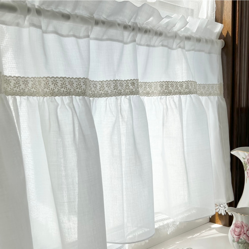 オフホワイト ハイフリル コットンレースが可愛いカフェカーテン