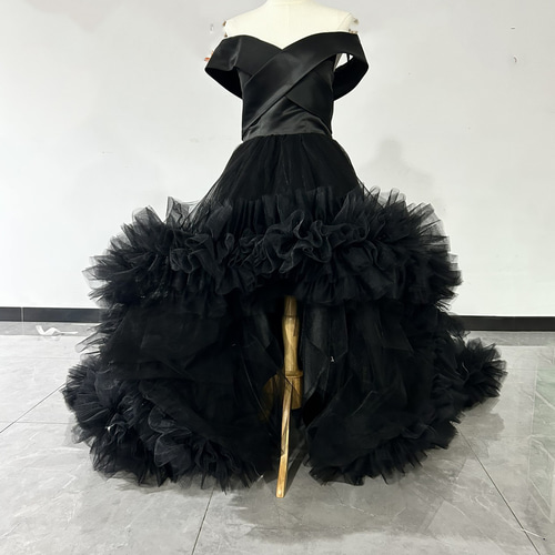 上品！ オフショル カラードレス 黑 2次会 花嫁 ロングトレーン  