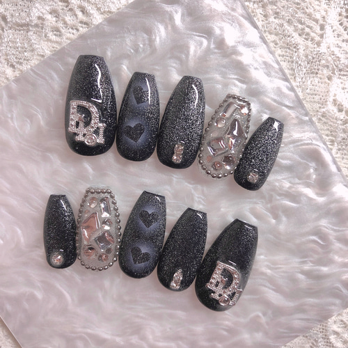 ネイルチップ 黒 ブラック マグネットネイル シルバー 韓国 ストーン  