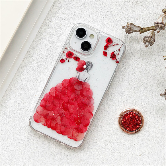 お花をドレス！可愛くてお洒落な押し花ケース！  iPhoneケース 手帳型スマホケース 1枚目の画像