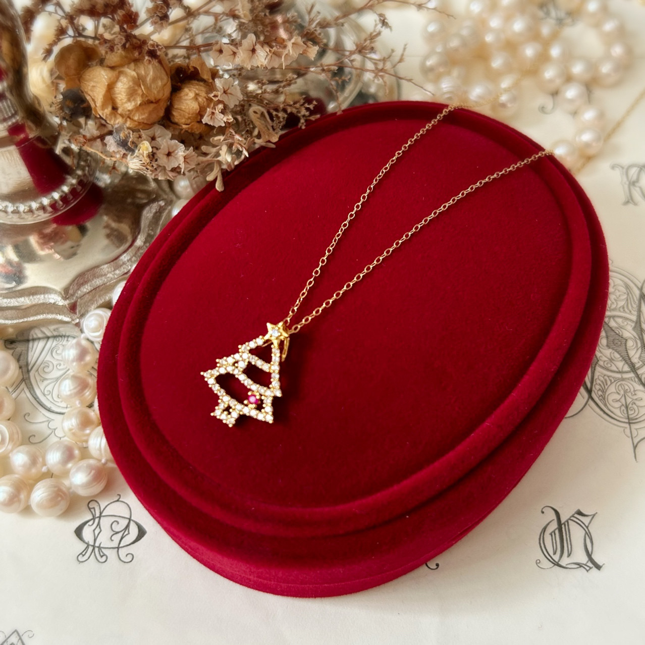 14kgf･クリスマスツリーネックレス【ルビー･ピンク･上品･華奢･パーティー･星】{RNG-337}