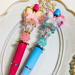 NO.45 カスタムボールペン手染めビーズ蝶ピンク