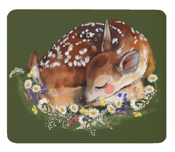 子鹿のイラストのマウスパッド：フォトパッド（ 世界の野生動物シリーズ ） (濃緑地) 1枚目の画像