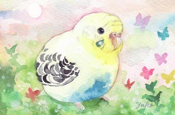 うちの子インコのイラスト（原画　鳥　インコ　オリジナル　水彩画） 1枚目の画像