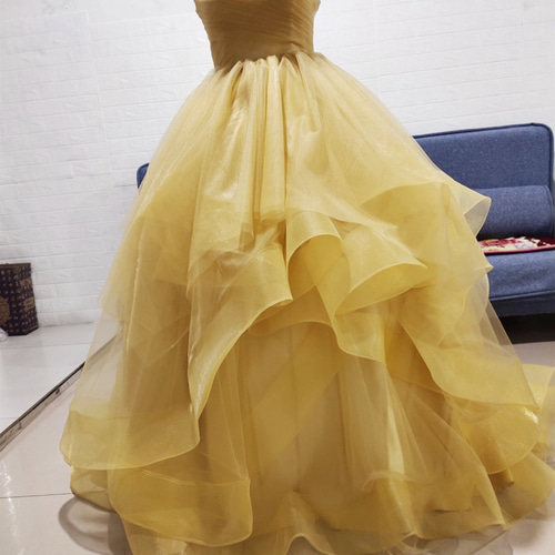 憧れのドレス イエロー オフホワイト ドレス ベアトップ まちがえ  