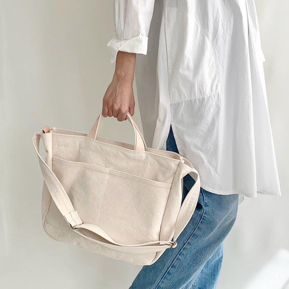 大人のこなれショルダーバッグ＊ウォッシュ帆布＋栃木レザー＊2way＊キナリ 1枚目の画像