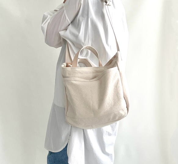 大人のこなれショルダーバッグ＊ウォッシュ帆布＋栃木レザー＊2way＊キナリ 2枚目の画像