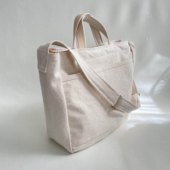 大人のこなれショルダーバッグ＊ウォッシュ帆布＋栃木レザー＊2way＊キナリ 7枚目の画像