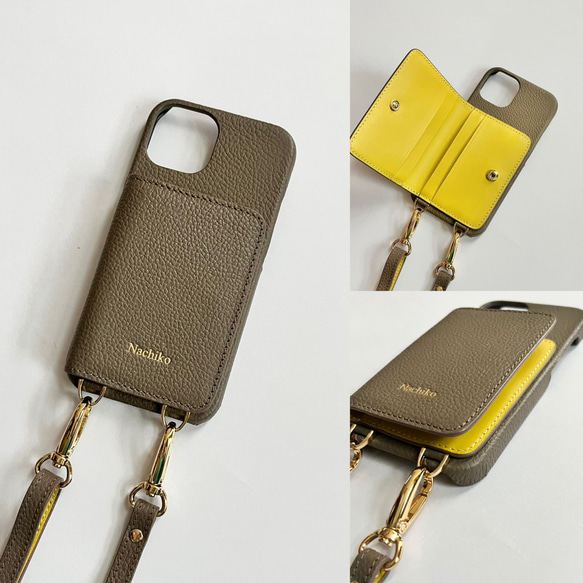3 名入れ可｜バイカラー本革iPhoneショルダーケース（背面収納