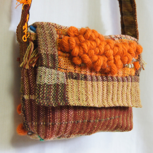 さをり織り ☆手織りのショルダーバック☆ さおり織り 茶色 オレンジ