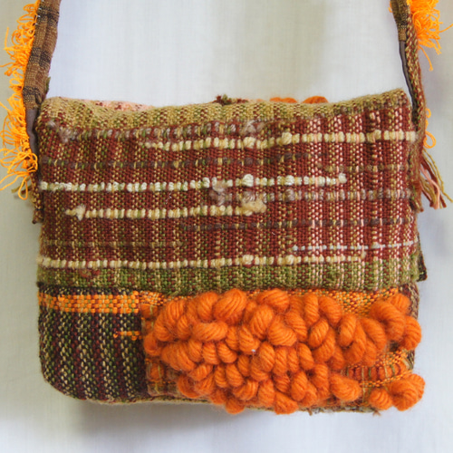 さをり織り ☆手織りのショルダーバック☆ さおり織り 茶色 オレンジ