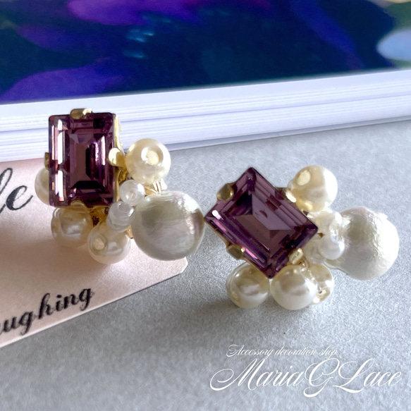 方形 Bijou 珍珠耳環，鈦耳釘，時尚，閃閃發光，優雅，棉珍珠 第5張的照片