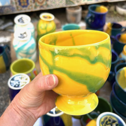 Hanenカラフル地中海陶器　イエロー＆アクアブルーがおしゃれな色合いー　聖杯6　タンアンTanAn　TAJT 5枚目の画像
