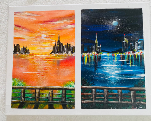 夕焼けと夜空の都会 絵画 Rin-Jun 通販 16723269｜Creema(クリーマ