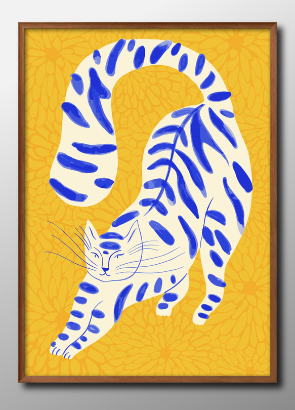 14017　ポスター　絵画　A3サイズ『猫　ネコ　イエロー』アート　イラスト　デザイン　上級マット紙　北欧 1枚目の画像