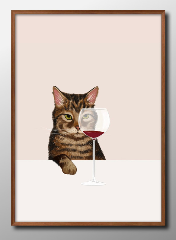 13406　ポスター　絵画　A3サイズ『猫とワイン』アート　イラスト　デザイン　北欧 1枚目の画像